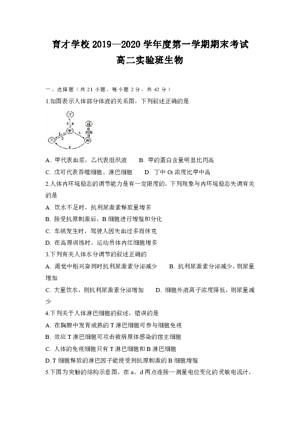 安徽省滁州市定远县育才学校2019-2020学年高二（实验班）上学期期末考试生物试题