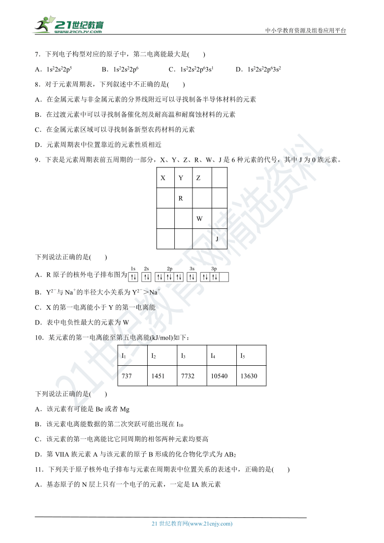 选修3第一章第二节原子结构与元素的性质 同步练习（含答案）