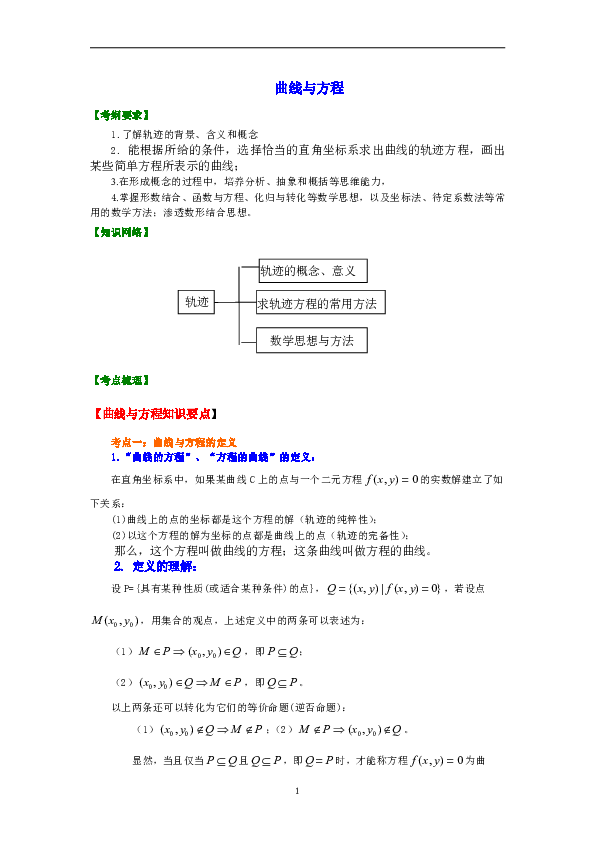 高中文科数学一轮复习资料，补习复习资料（含解析）：71【提高】曲线与方程