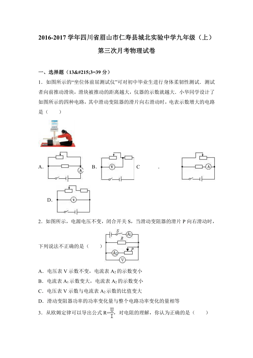 四川省眉山市仁寿县城北实验中学2017届九年级（上）第三次月考物理试卷（解析版）