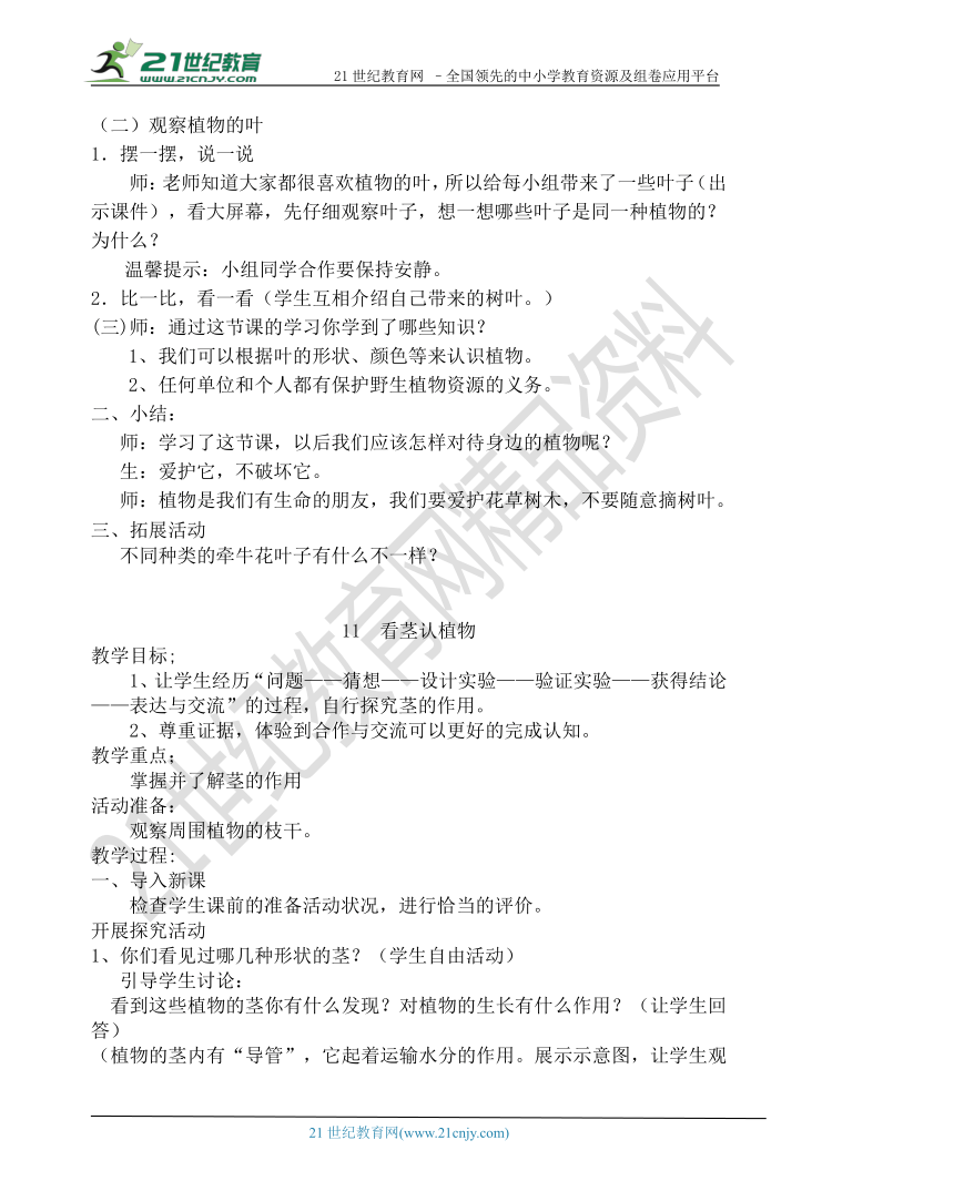 青岛版一年级科学下册第三单元和植物捏个手教案