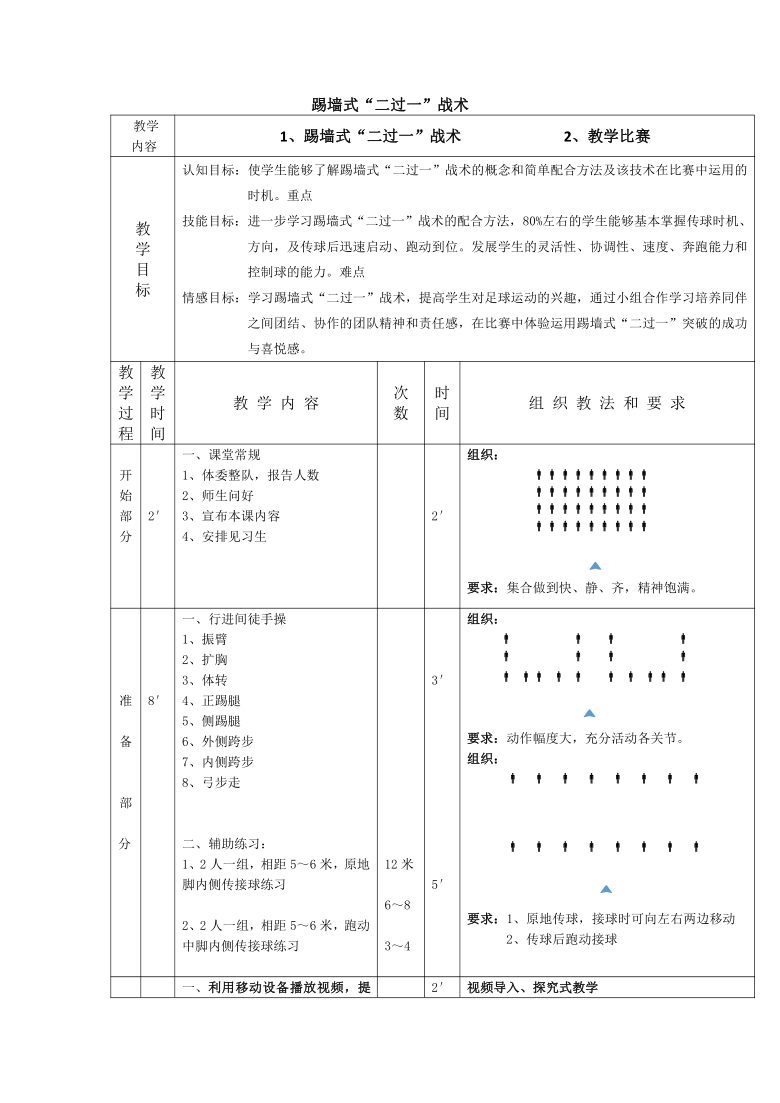 人教版七年级体育 33足球 简单战术配合 踢墙式二过一战术 教案