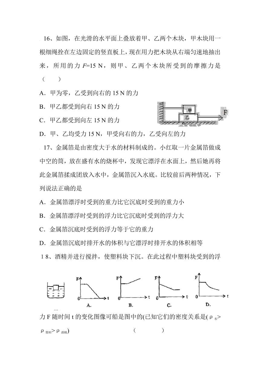 安徽省阜阳九中2016-2017学年八年级下学期期中考试物理试卷