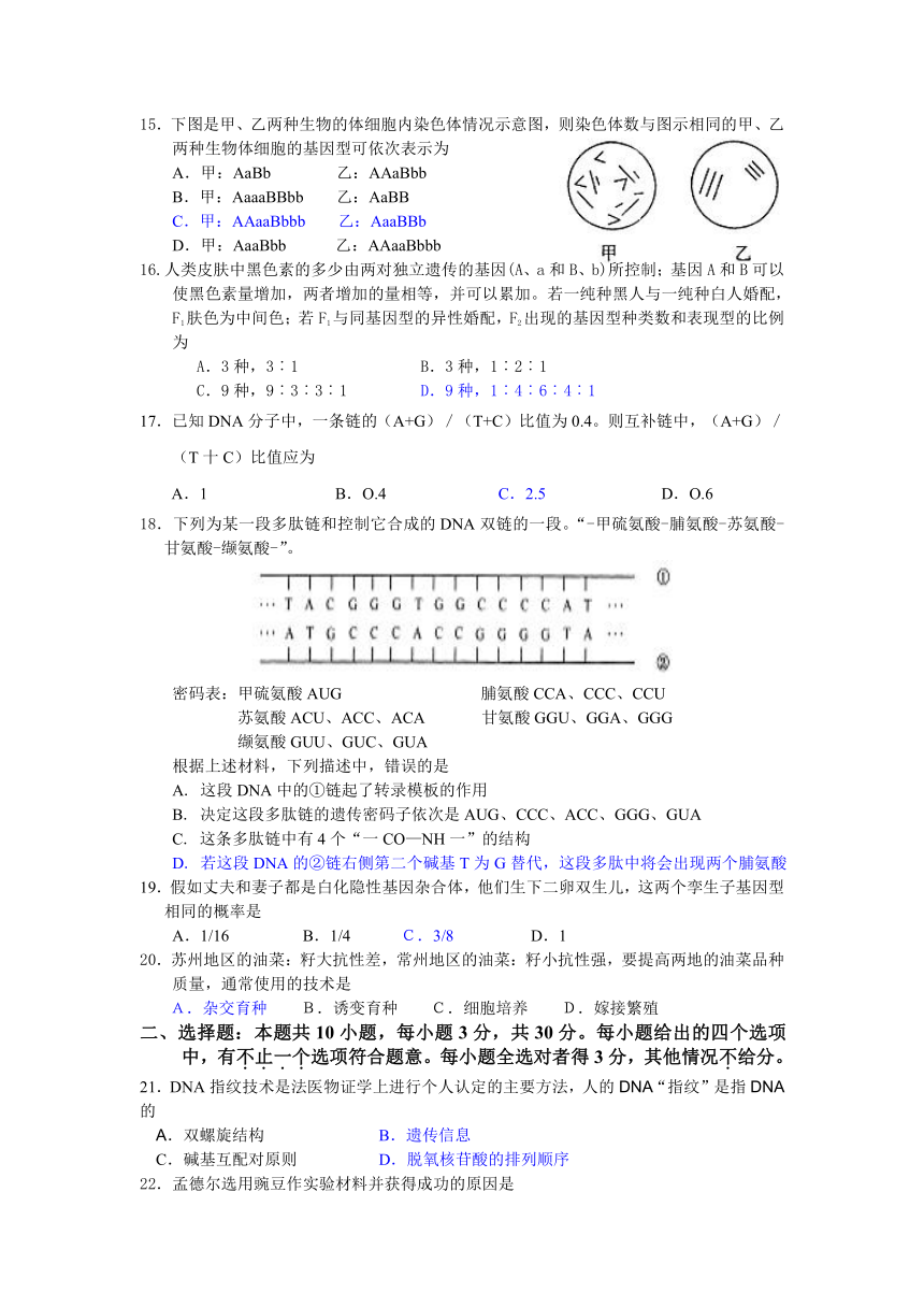 广东省顺德容山中学2008届1月高二生物专业班诊断测验试题[上学期]