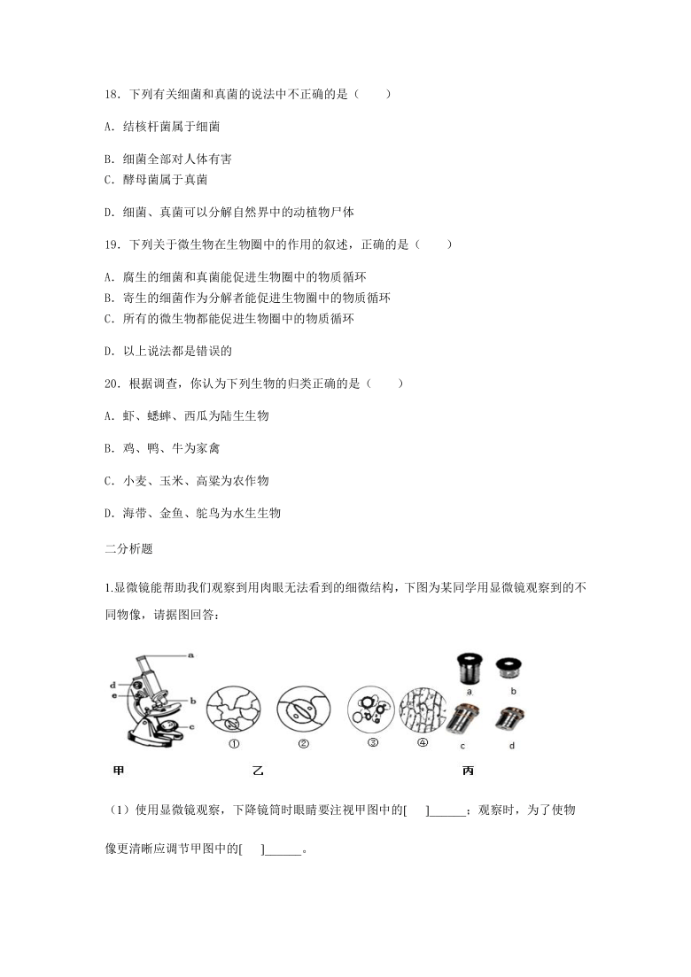 山东省菏泽市郓城县2020-2021学年七年级上册生物期末复习测试题（Word版含答案）