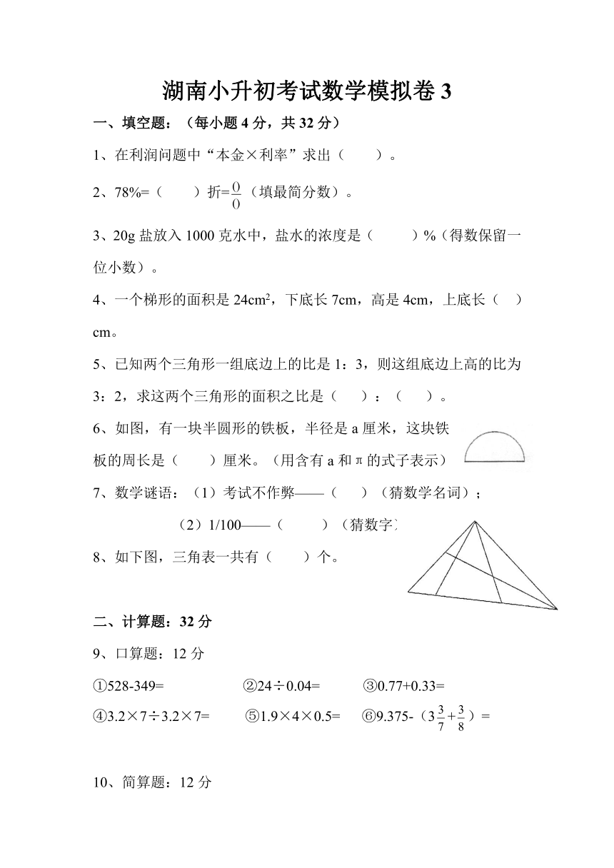 2014年湖南小升初考试数学模拟卷（三）（无答案）