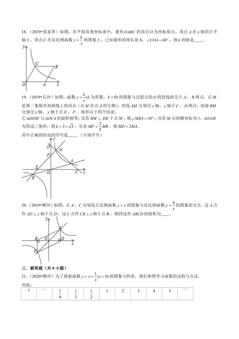 湖南省2019年、2020年数学中考试题分类——反比例函数（Word版 含答案）