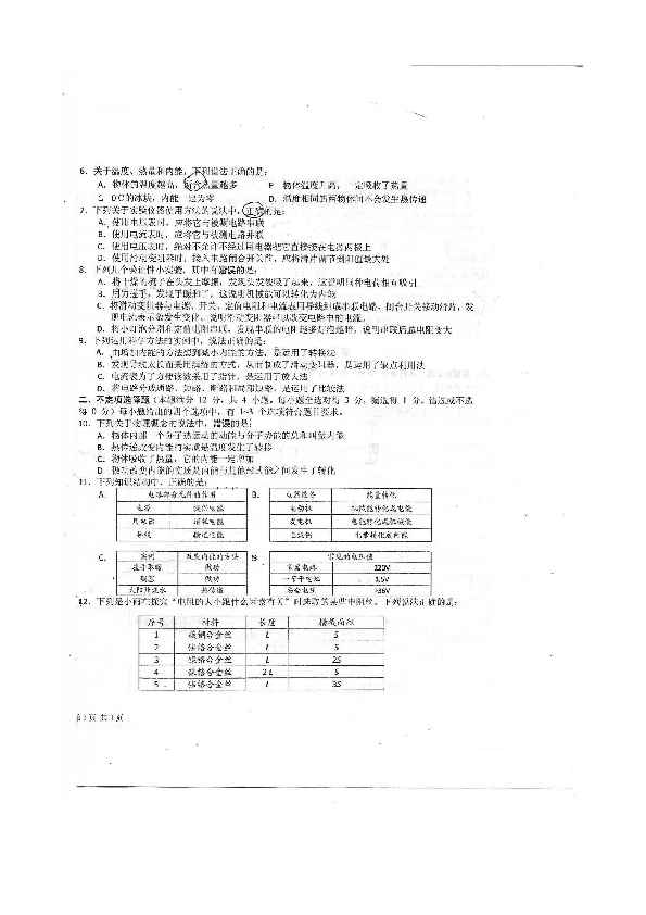 山东省即墨市萃英中学2019-2020学年第一学期学业水平诊断测试 九年级物理（扫描版 有答案）