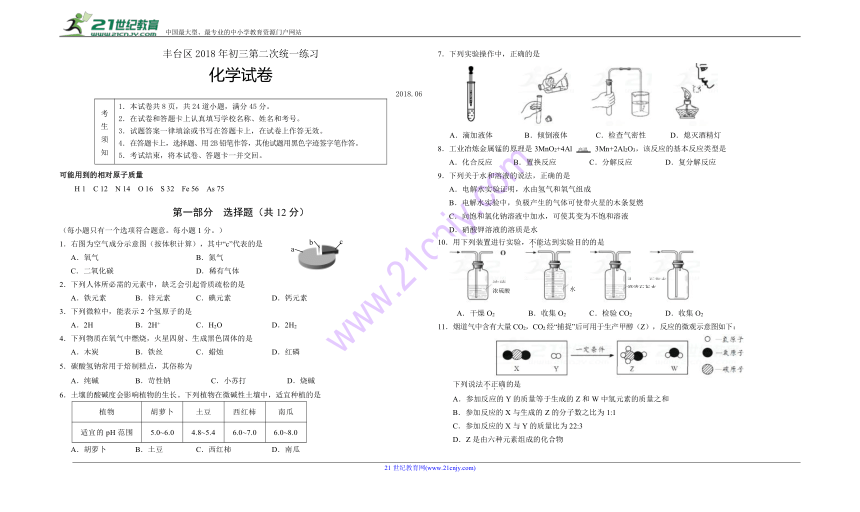 2018年北京市丰台区初三化学二模试题和答案(Word版)