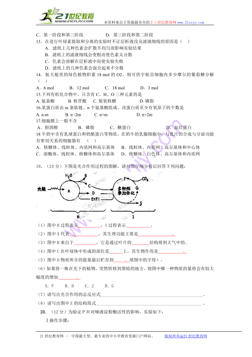 黑龙江省安达市高级中学2013-2014学年高一下学期开学检测生物试题（无答案）