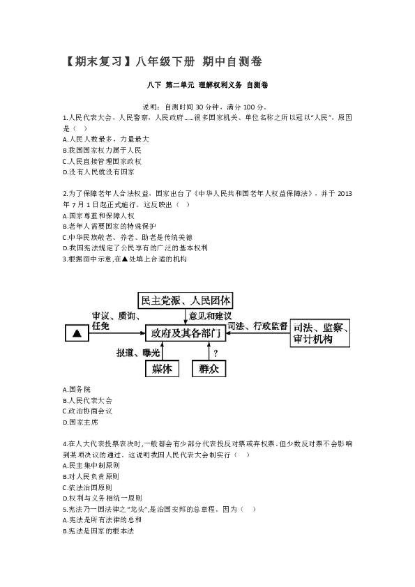 第二单元 理解权利义务 自测卷