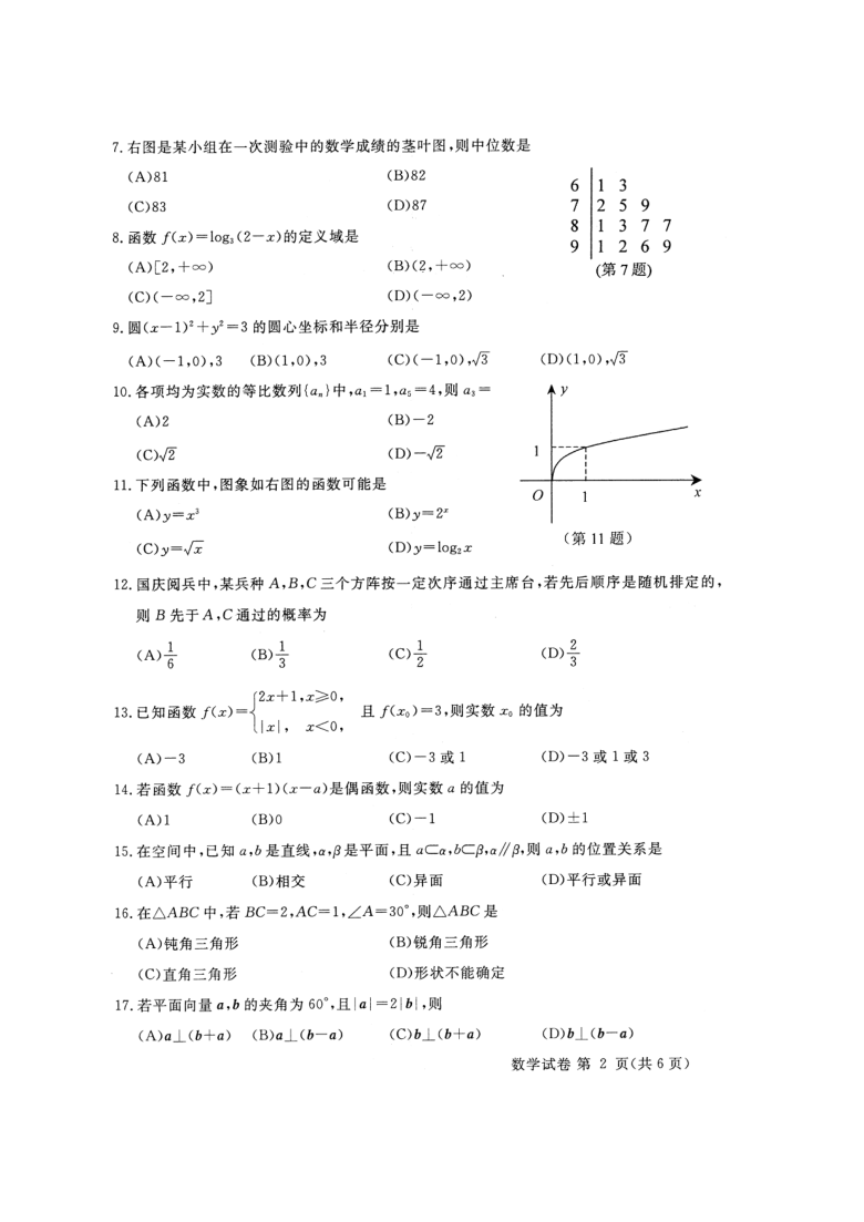 浙江省2010年1月高中会考数学试卷及评分标准(高三)