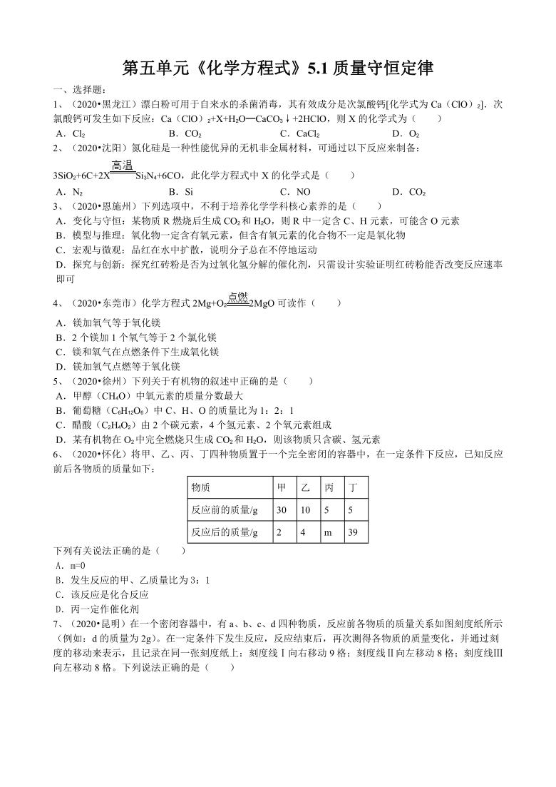 2020年人教版第五单元《化学方程式》5.1质量守恒定律最新中考真题练习