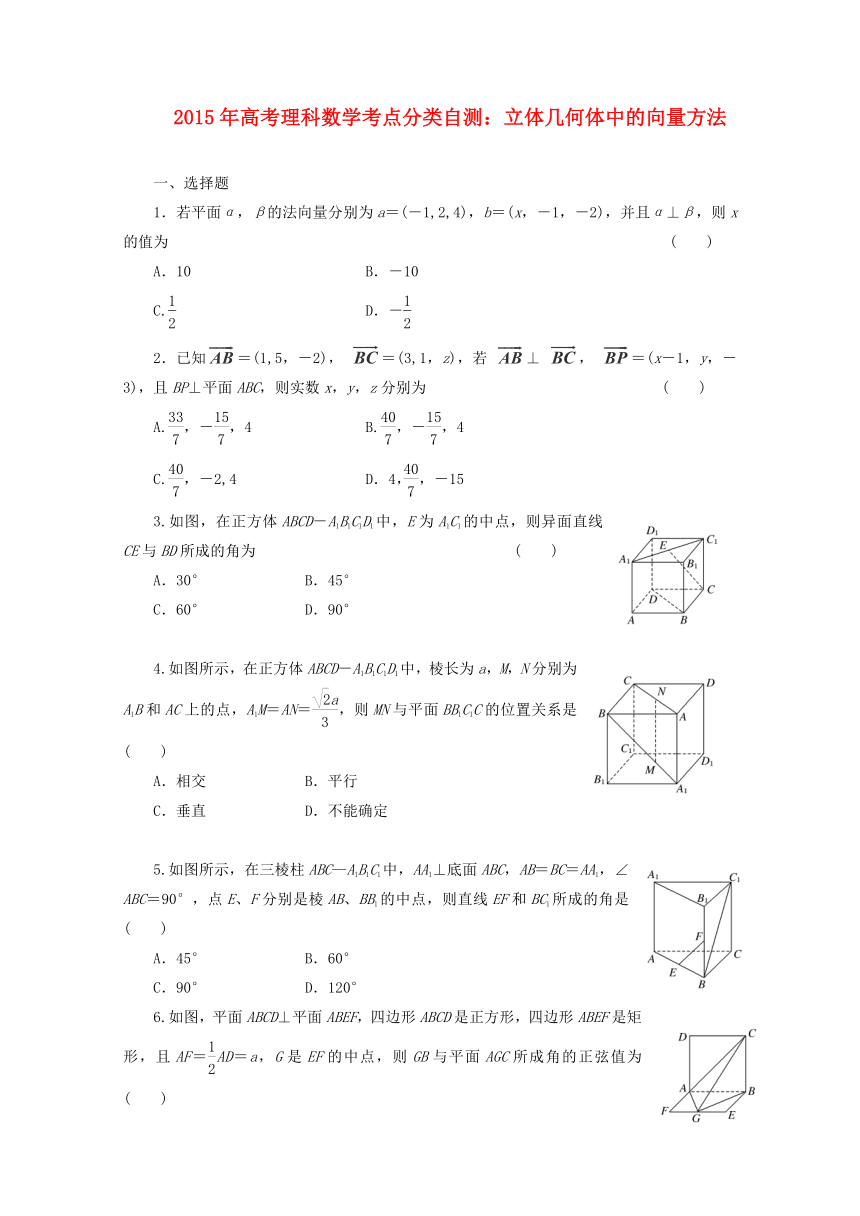 2015年高考理科数学考点分类自测： 立体几何体中的向量方法