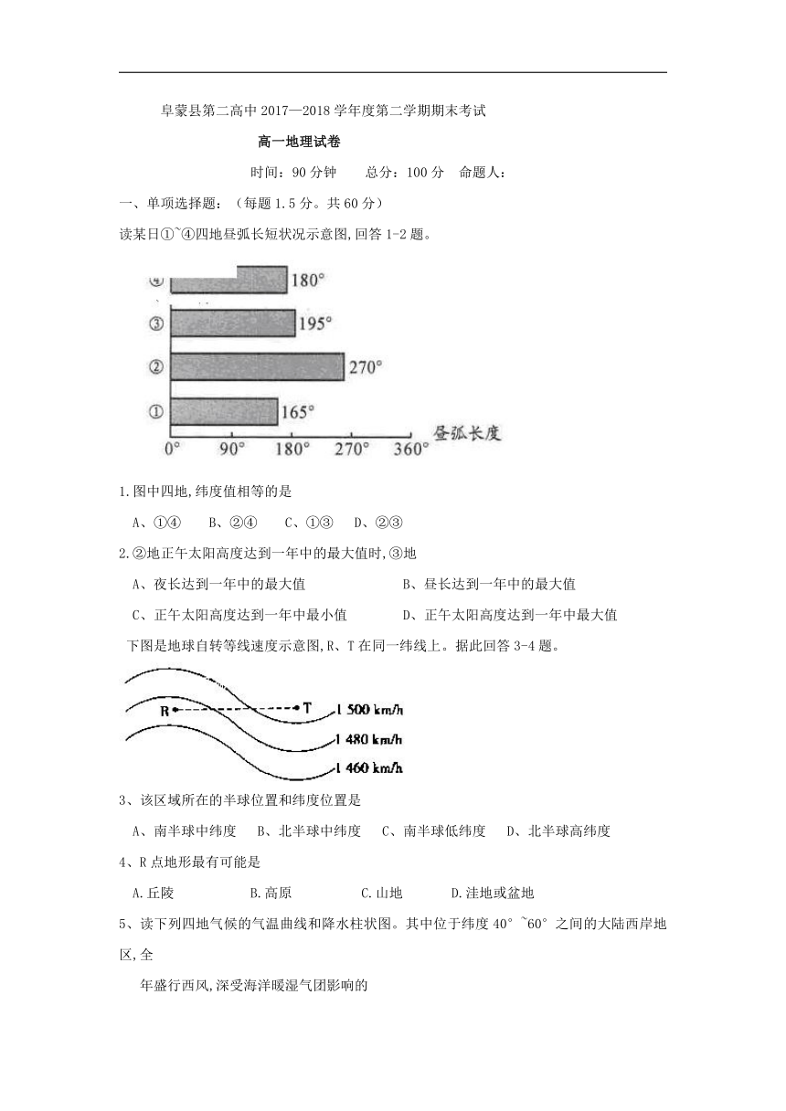 辽宁省阜蒙县第二高级中学2017-2018学年高一下学期期末考试地理试卷