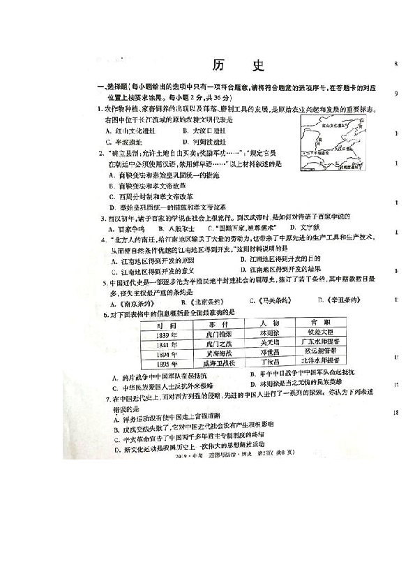 2019年内蒙古赤峰市中考历史试题（图片版，无答案）