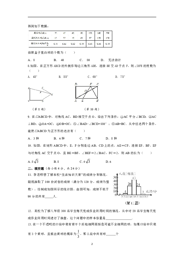 苏科版八年级数学下册 期中测试题（含答案）