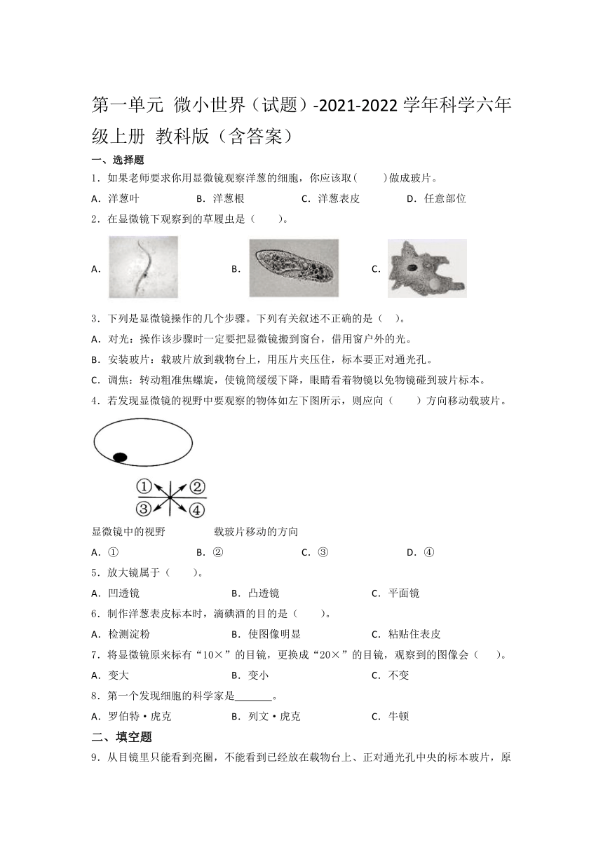 教科版2017秋20212022学年科学六年级上册第一单元微小世界测试题含