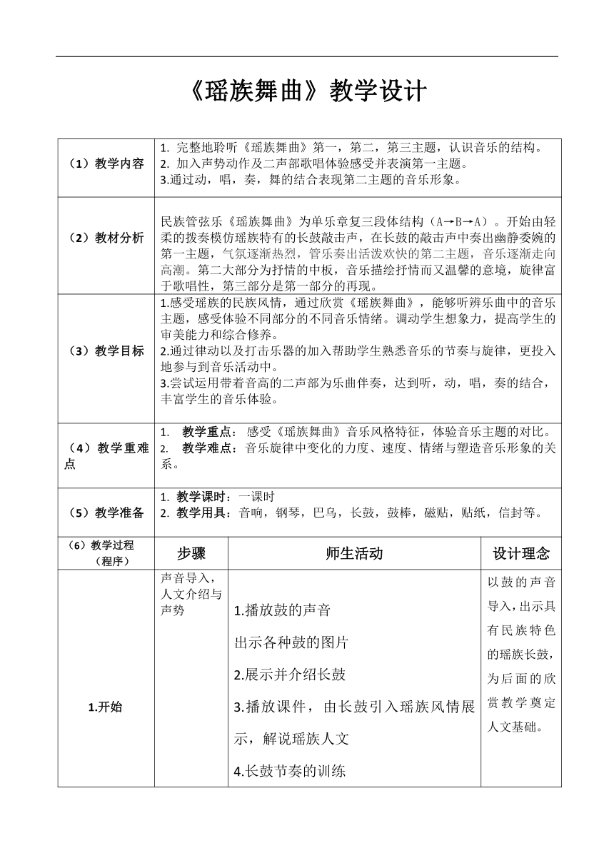 苏少版五年级音乐上册五线谱第3单元听瑶族舞曲片段教学设计表格式