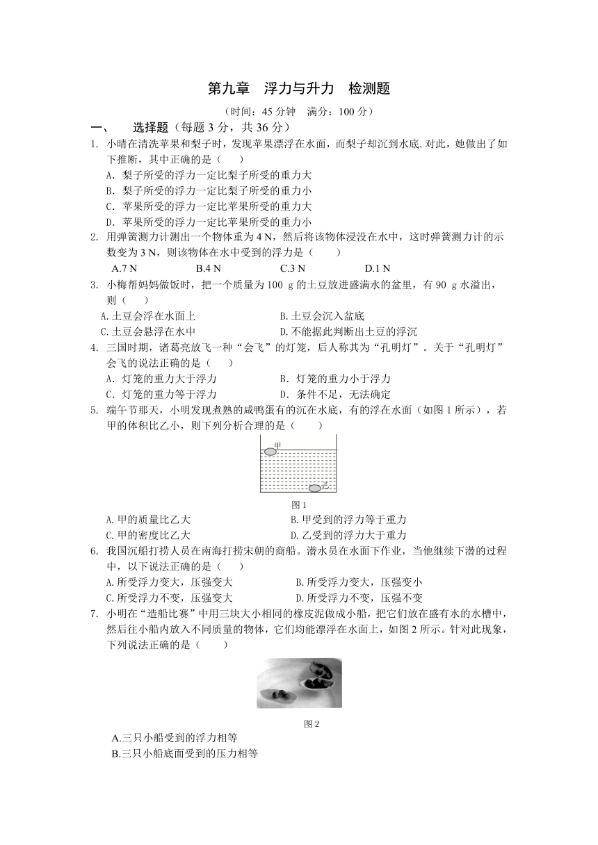 2015-2016学年度配套中学教材全解八年级物理（下）（粤教沪科版）第九章浮力与升力检测题附答案解析