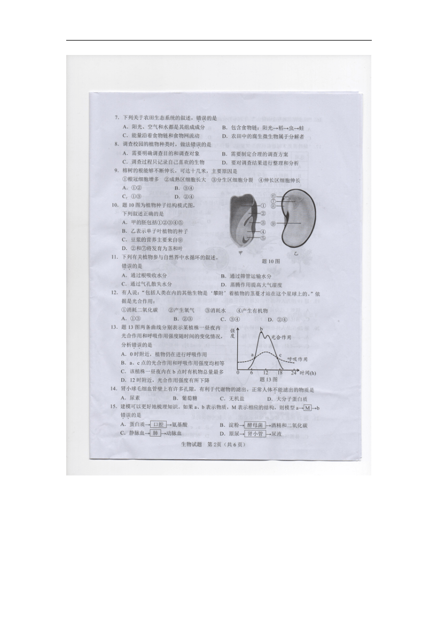 广东省2018年初中学业水平考试生物试题（图片版，无答案）