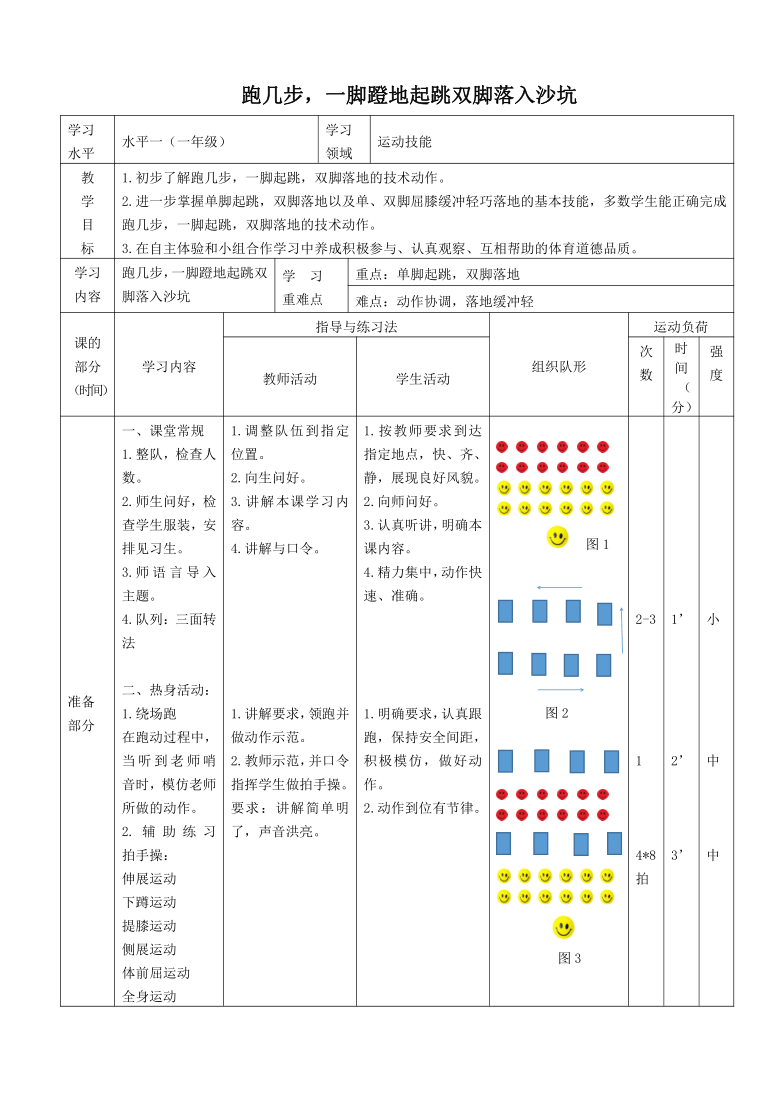 科学课标版一年级下册体育与健康 14跳跃：跑几步，一脚蹬地起跳，双脚落入沙坑  教案（表格式）