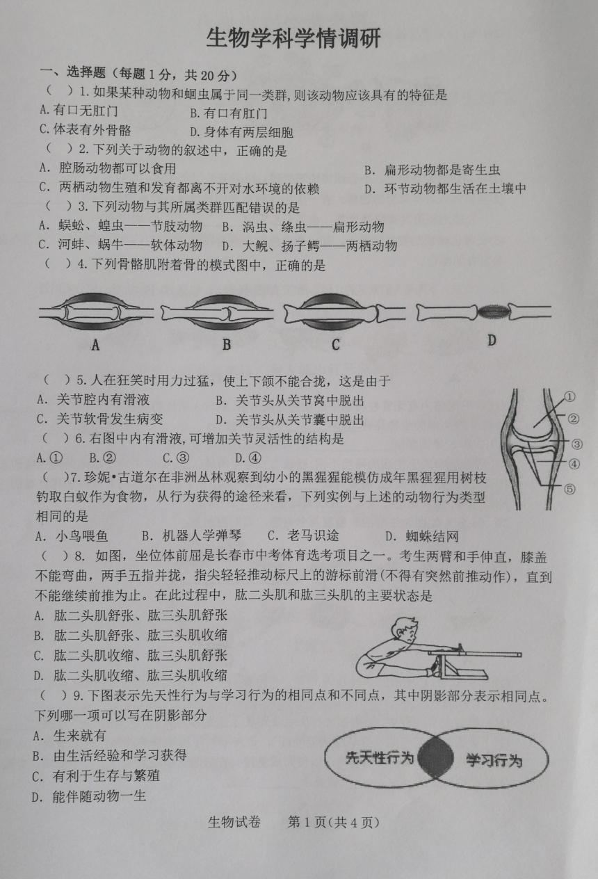 吉林省长春市第一O八学校2021-2022学年八年级上学期期中考试生物试题（PDF版，含答案 )