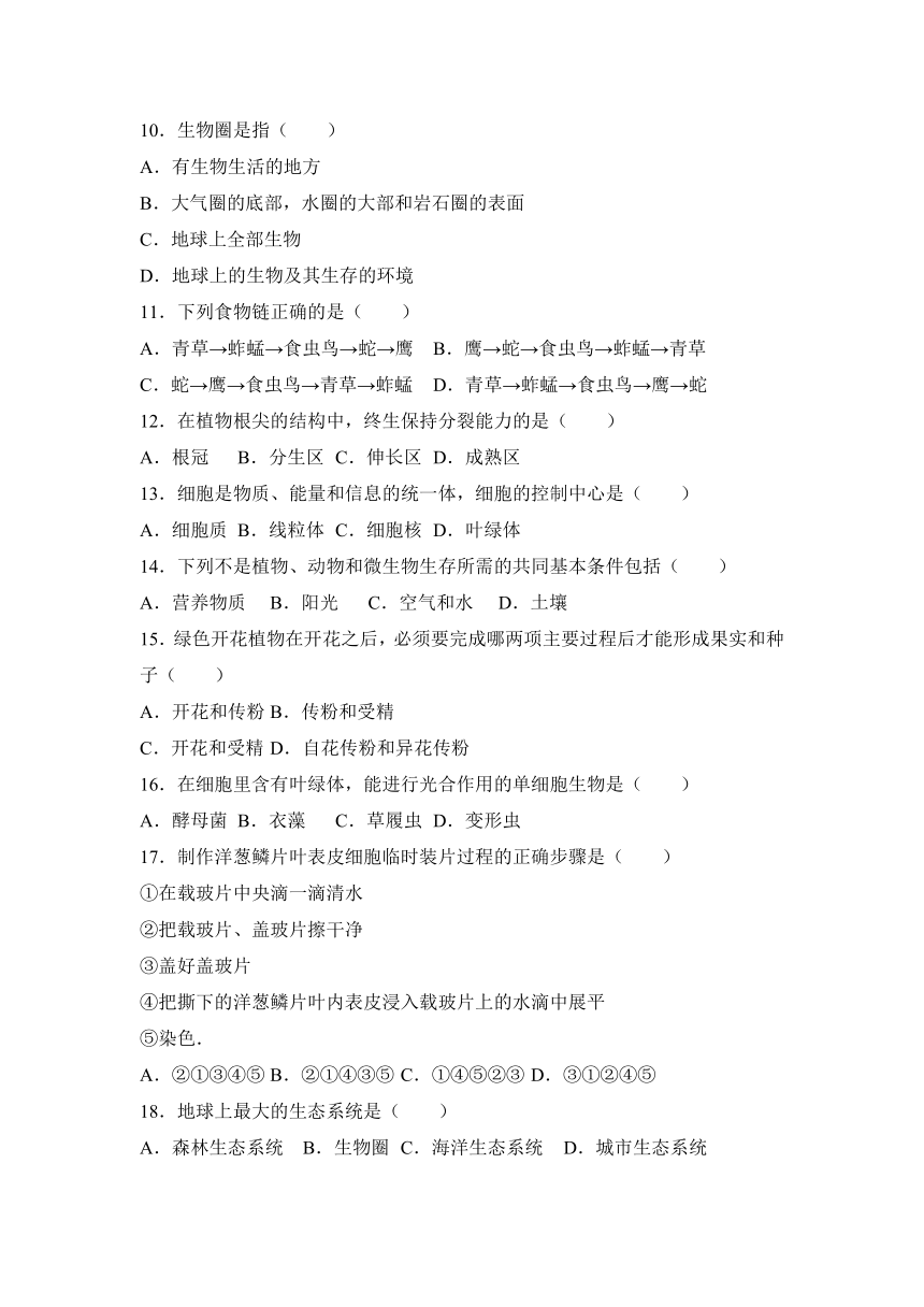 新疆某市中学2016-2017学年七年级（上）期末生物试卷（解析版）