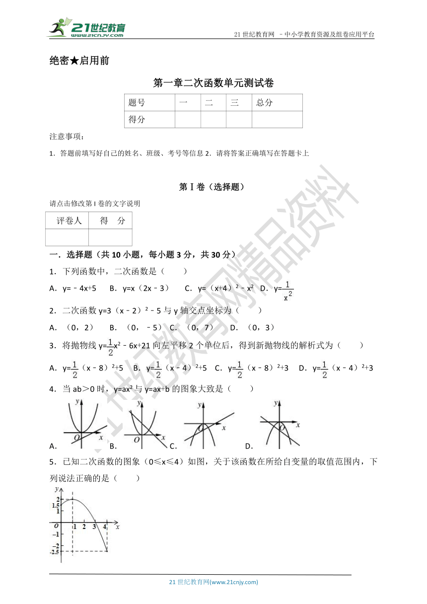 第1章 二次函数单元测试卷（含解析）