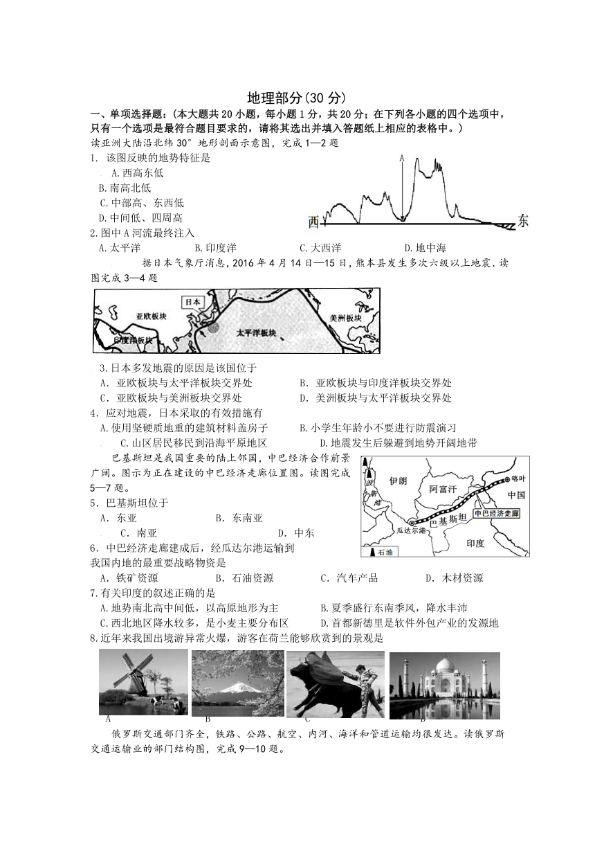 江苏省大丰市实验中学2015-2016学年七年级下学期期末考试地理试卷