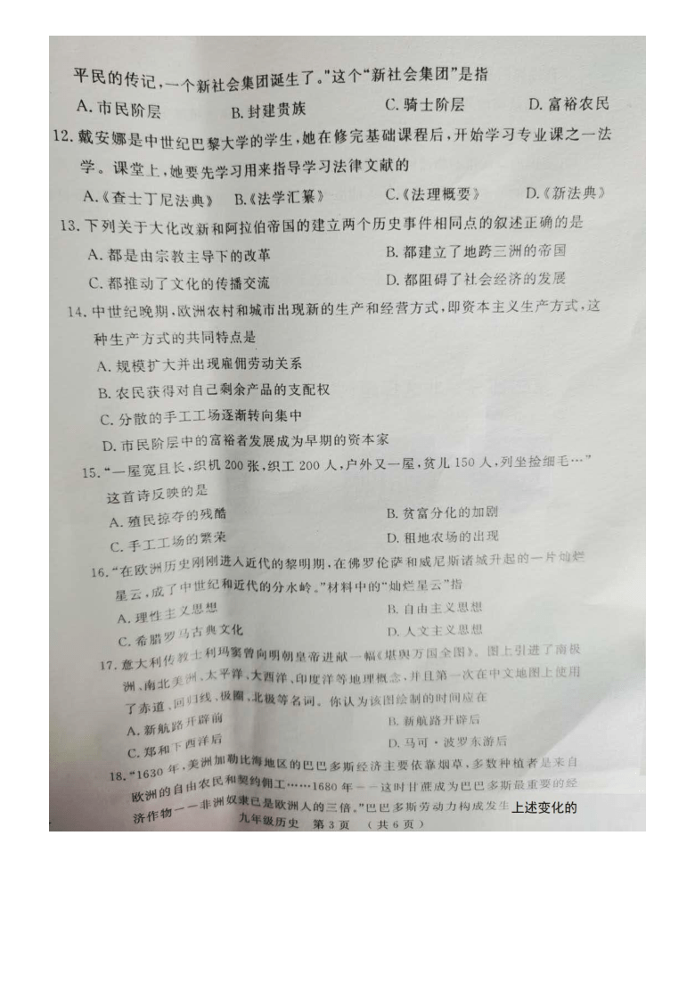 河南省洛陽市宜陽縣20202021學年度第一學期九年級歷史期中試題圖片版