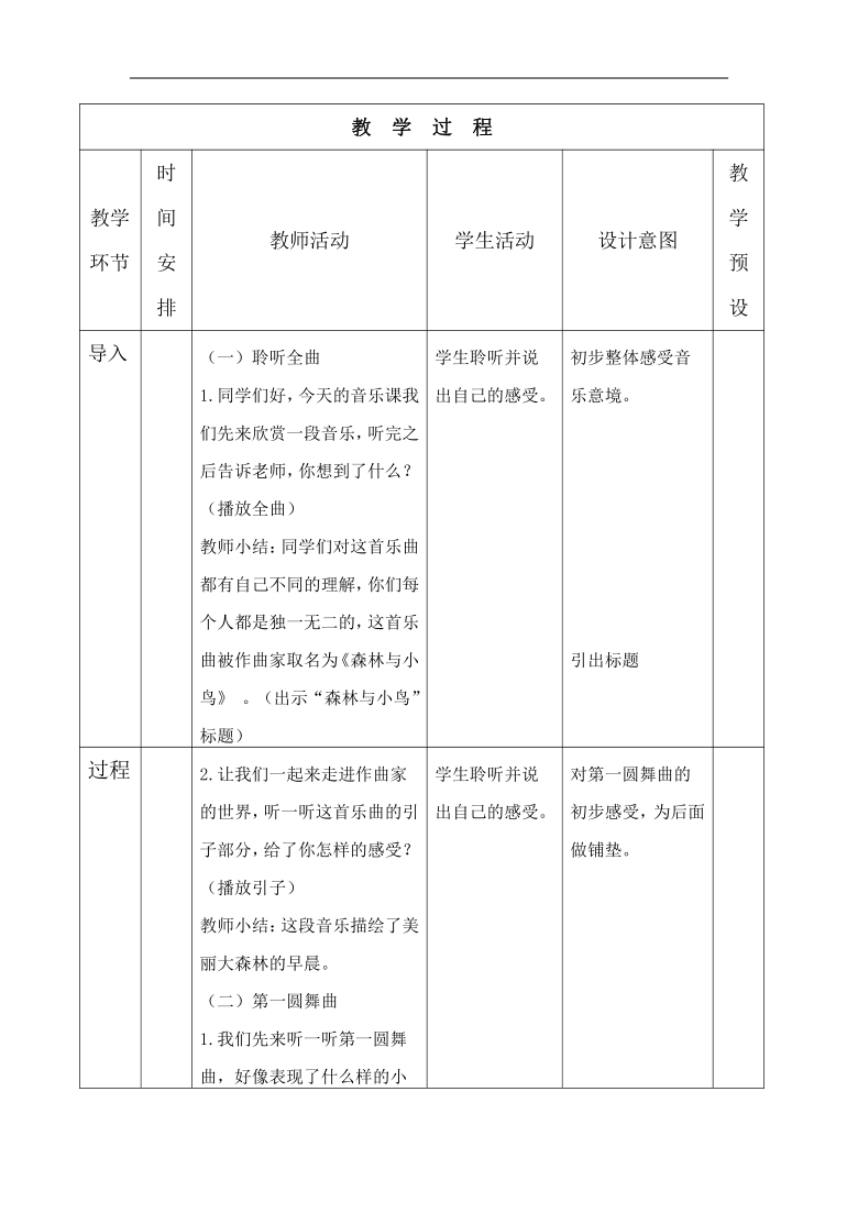 人教版三年级音乐下册（五线谱）第1单元《森林与小鸟》教学设计