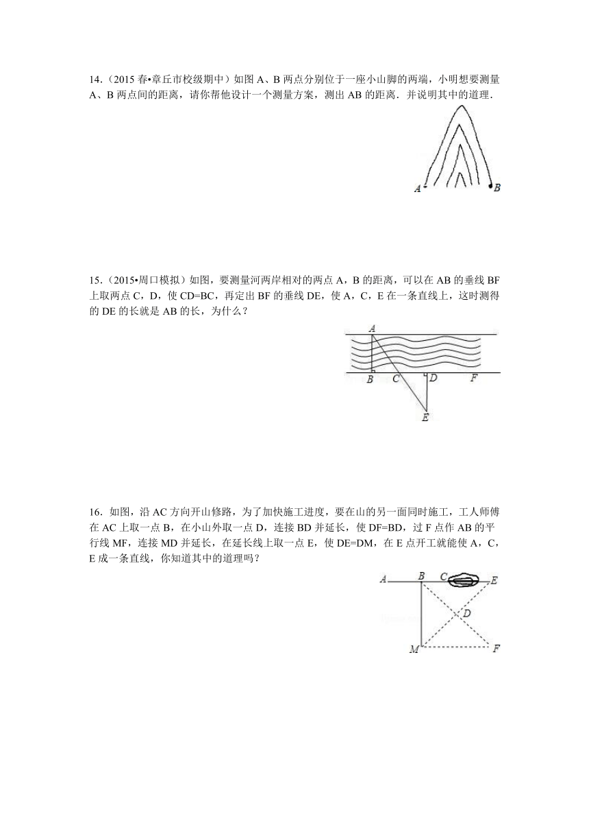 鲁教版七年级数学上册第1章1.5利用三角形全等测距离同步训练题（含答案）