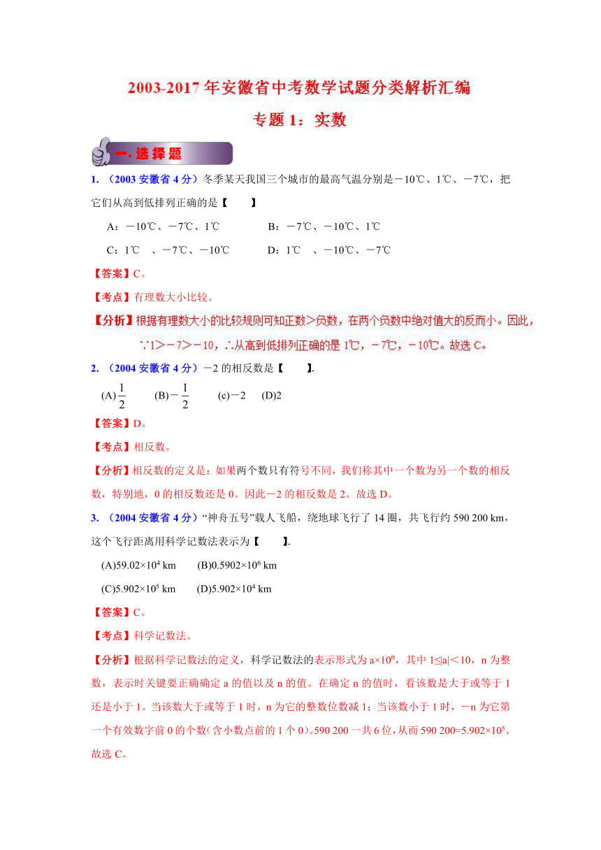 安徽省2003-2017年中考数学试题分项解析：专题01 实数（解析版）