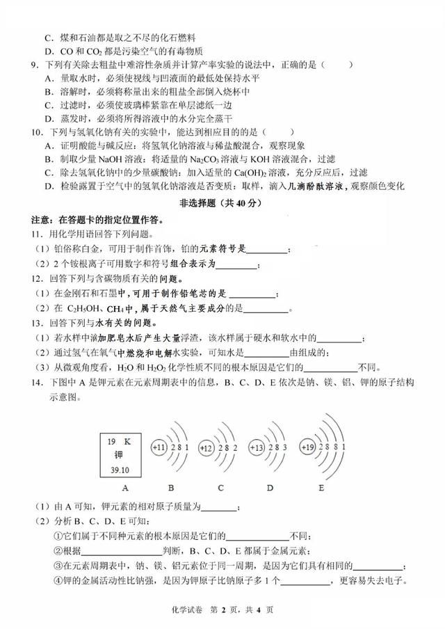 吉林省长春市省二实验2019-2020学年九年级下第四次月考化学试卷  （pdf版）