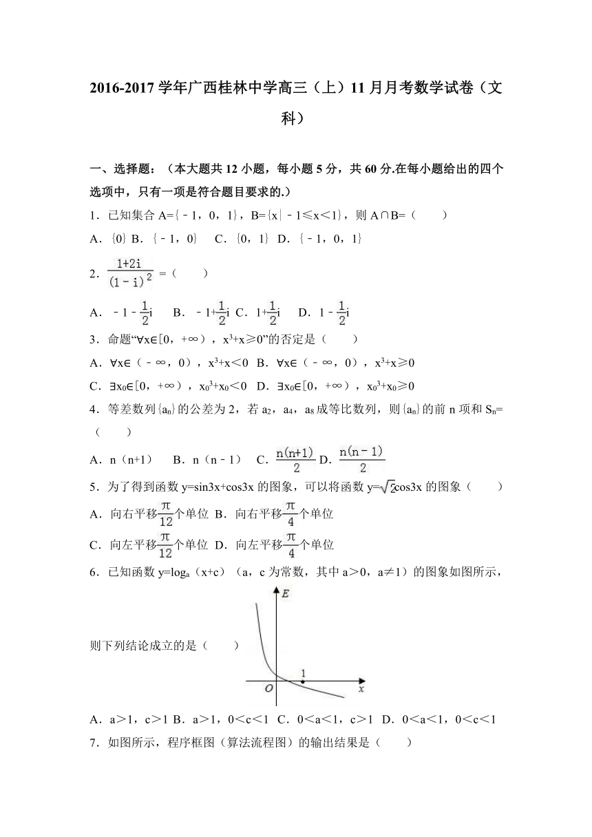 广西桂林中学2017届高三（上）11月月考数学试卷（文科）（解析版）