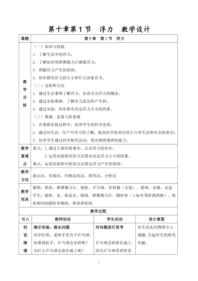 人教版八年级物理第十章第一节浮力教案