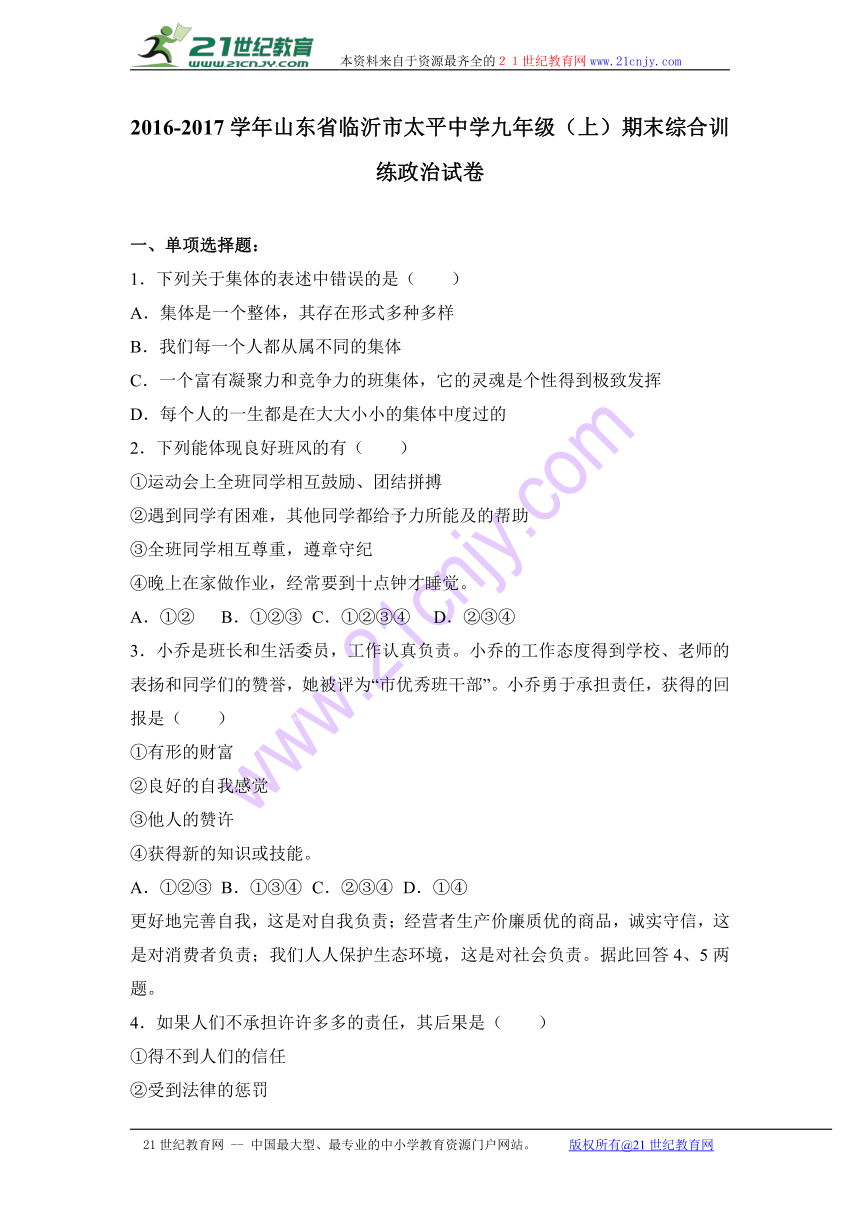 山东省临沂市太平中学2017届九年级（上）期末综合训练政治试卷（解析版）