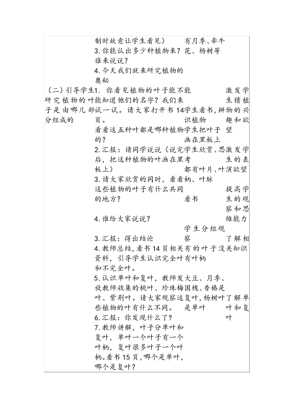 四年级科学上册教案  4.叶的组成    首师大版