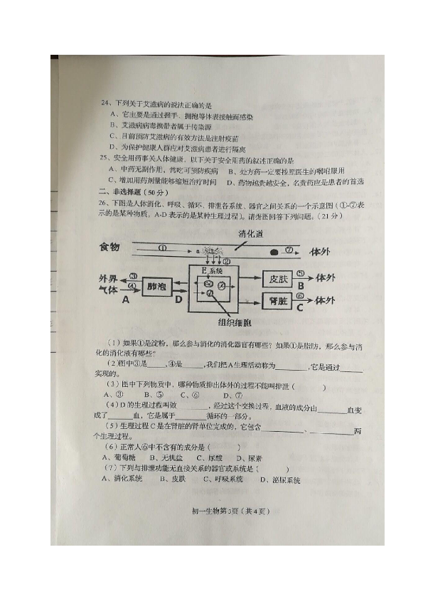 河北省秦皇岛市海港区2018-2019学年七年级下学期期末考试生物试题（图片版）