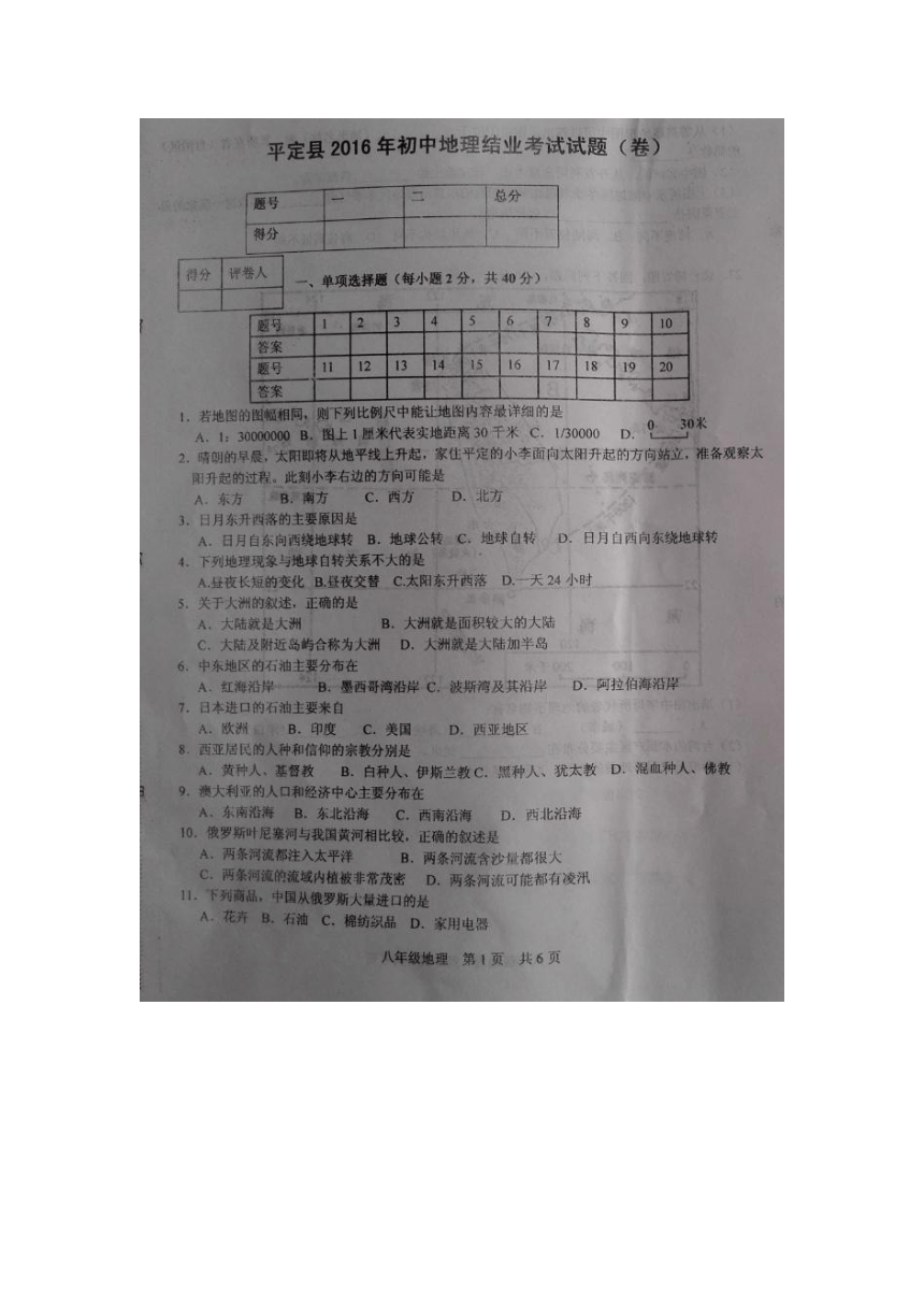 山西省阳泉市平定县2015-2016学年八年级下学期期末考试地理试题（图片版）