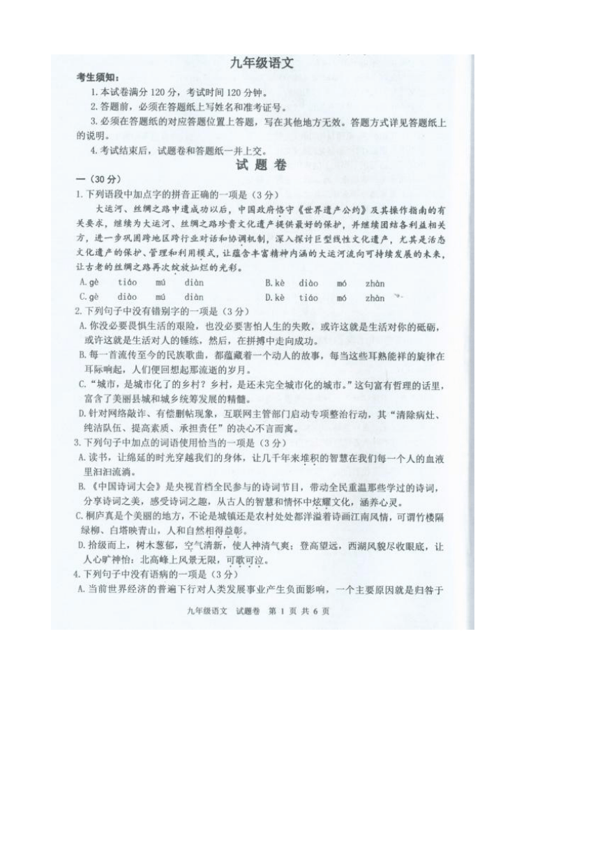 浙江省杭州市下沙区2016届九年级中考一模语文试题（图片版，含答案）