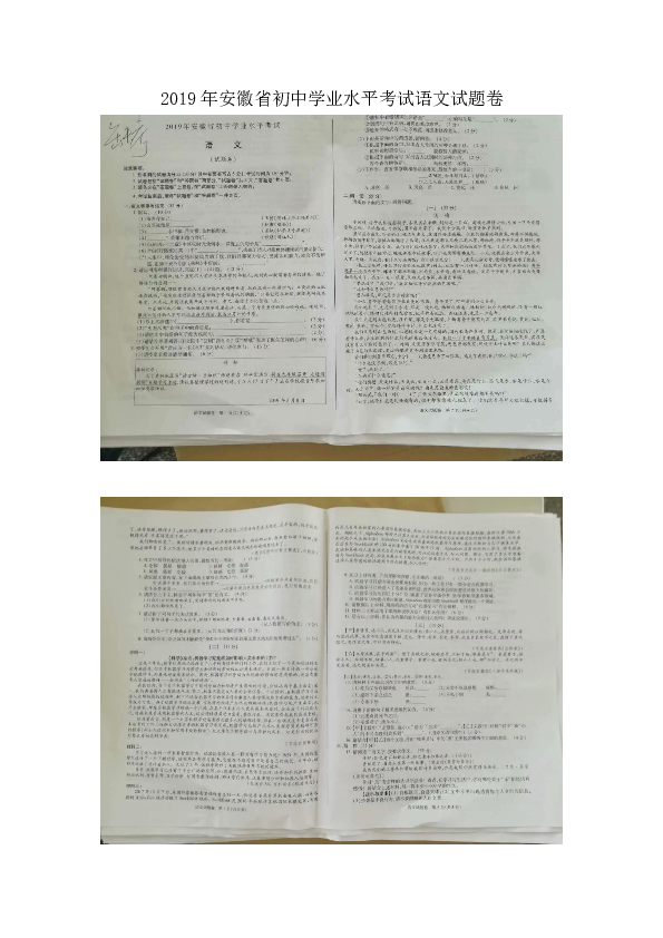 2019年安徽省初中学业水平考试语文试题卷（图片版，无答案）