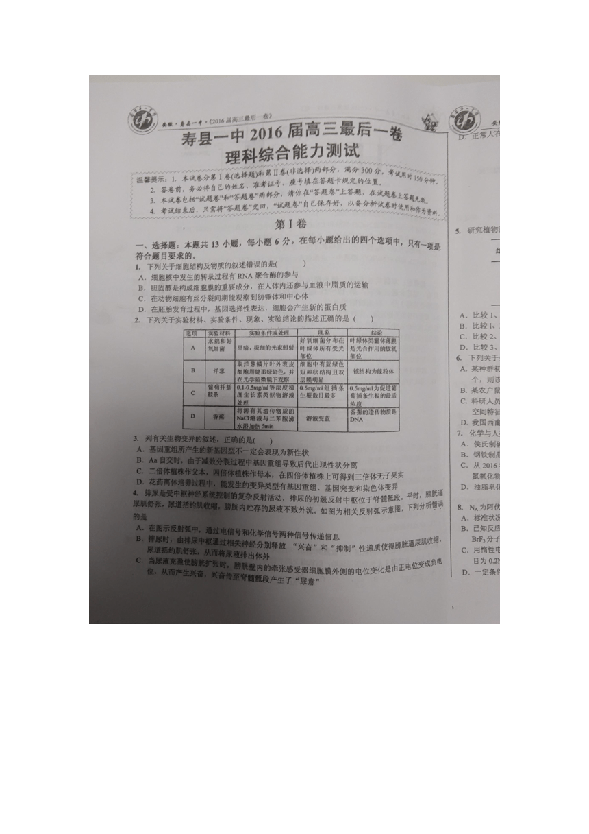 安徽省寿县第一中学2016届高三最后一卷考试理科综合试题（图片版）