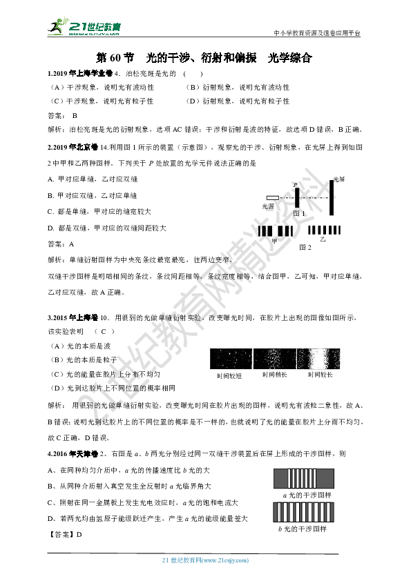 2015-2019年高考真题分类汇编之060.光的干涉、衍射和偏振  光学综合