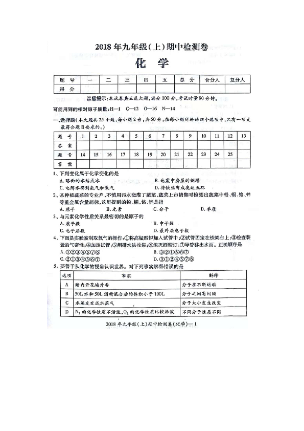 湖南省邵阳县2018-2019学年第一学期九年级（上）期中质量检测化学试题（扫描版）