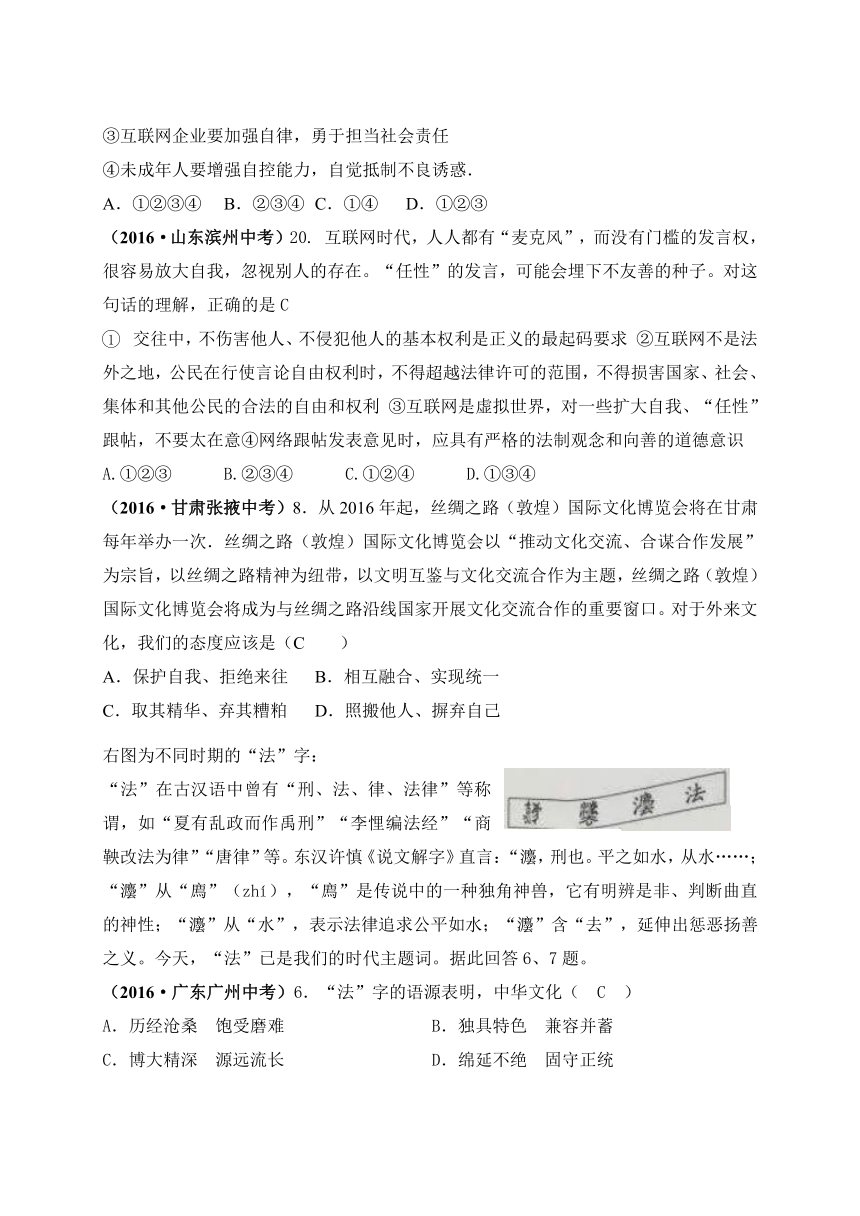 2016年全国中考思想品德真题汇编_九、多元文化地球村 网络交往新空间