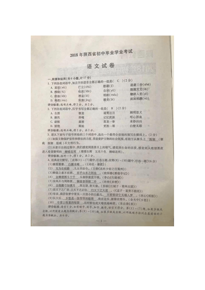 陕西省2018年中考语文试题（图片版，含答案）