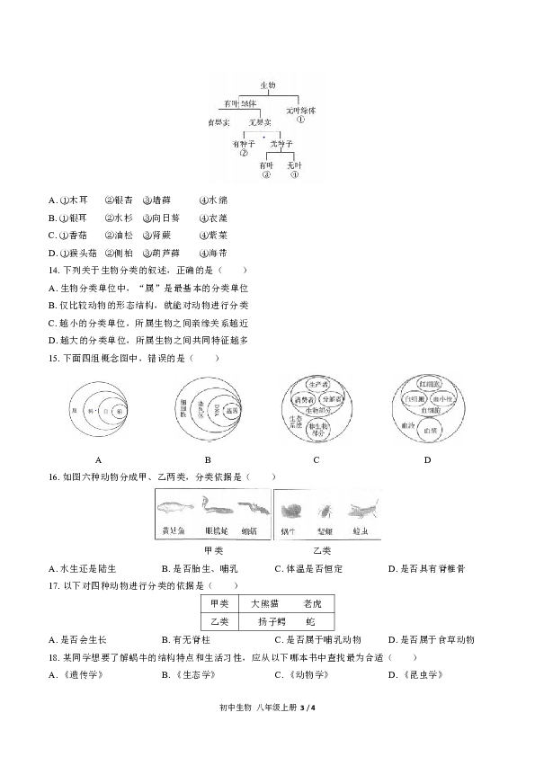 人教版生物八年级上册：第六单元第一章根据生物的特征进行分类综合测试卷（含答案）