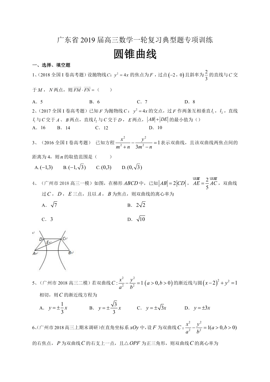 广东省2019届高三数学理一轮复习典型题专项训练：圆锥曲线